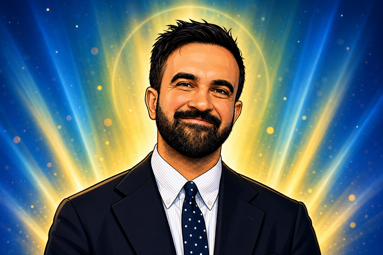 Mamdani cartoon portrait with a civic aurora background