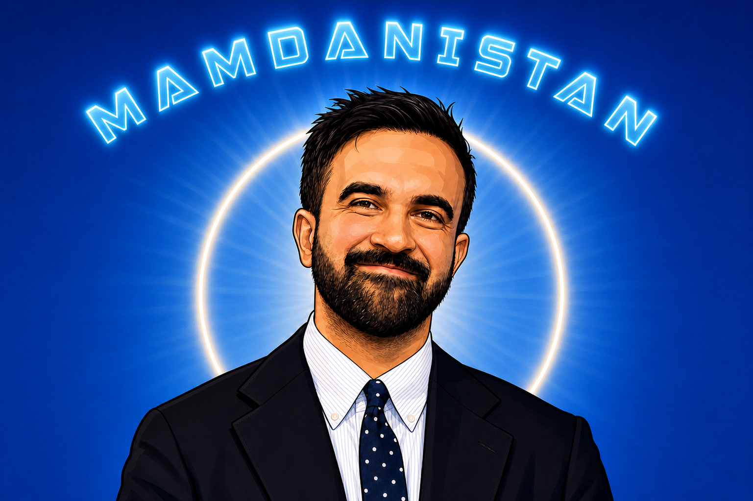Cartoon portrait of Zohran Mamdani with Mamdanistan lettering and a luminous halo on a deep blue background