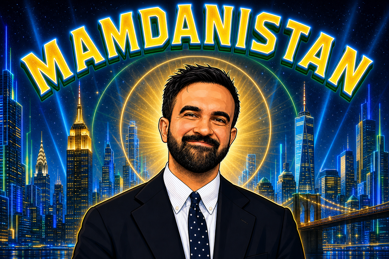 Futuristic Mamdanistan skyline artwork
