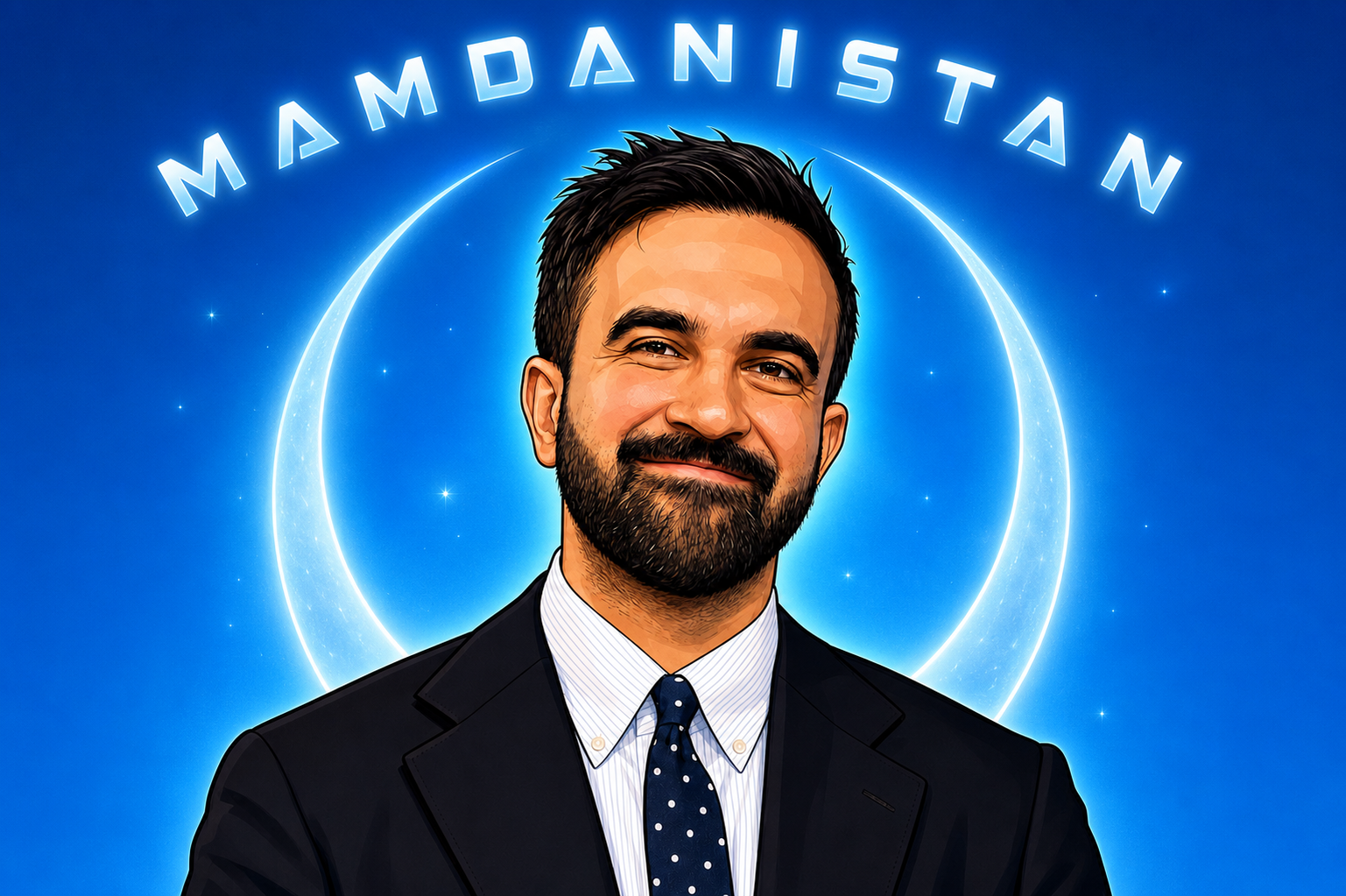 Mamdani portrait with a blue crescent aura